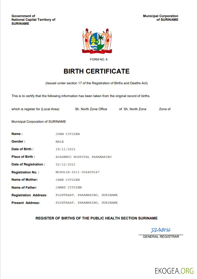 Modèle Word et PDF d'acte de naissance d'acte d'état civil du Suriname